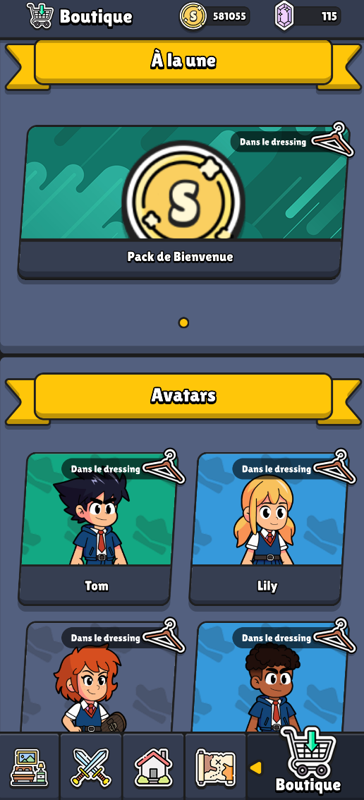 Boutique avec packs et avatars à débloquer