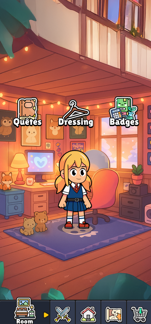 Chambre du personnage avec quêtes, dressing et badges