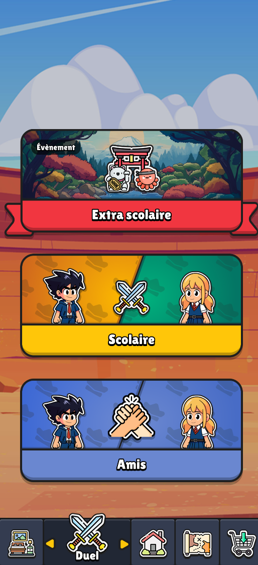 Sélection des modes de jeu — extra-scolaire, scolaire et amis